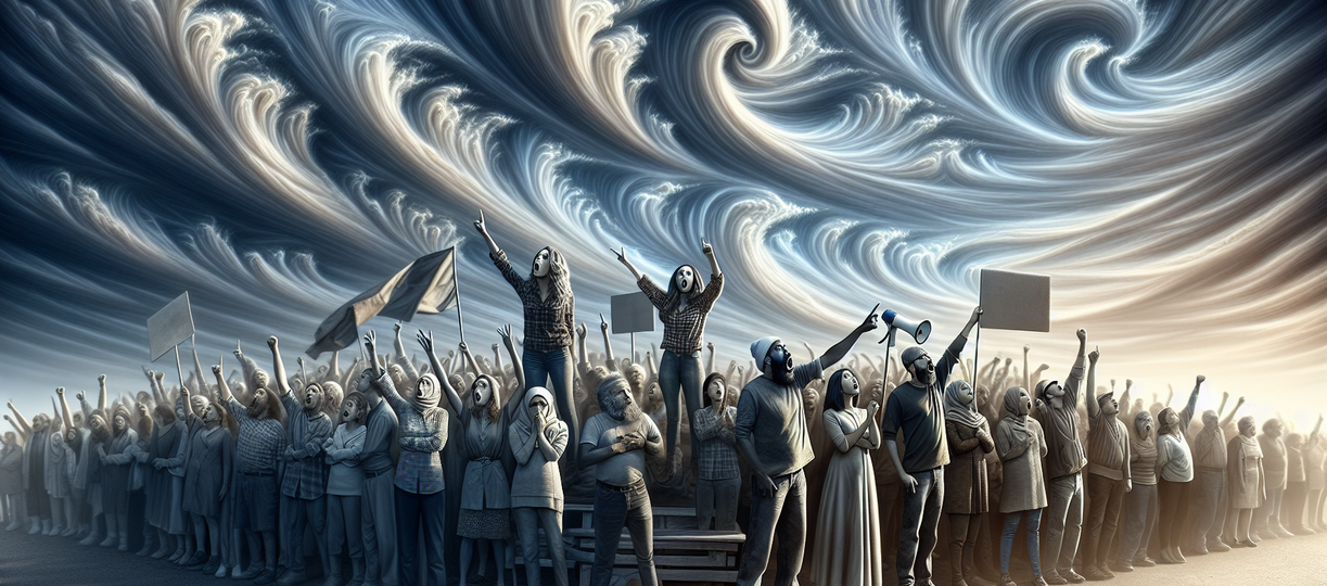 alt_text: Diverse individuals speaking out under dynamic, swirling skies in a turbulent year.