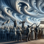 alt_text: Diverse individuals speaking out under dynamic, swirling skies in a turbulent year.