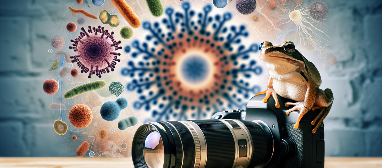 alt_text: A frog surrounded by abstract microbiome imagery, symbolizing future therapeutic innovations.