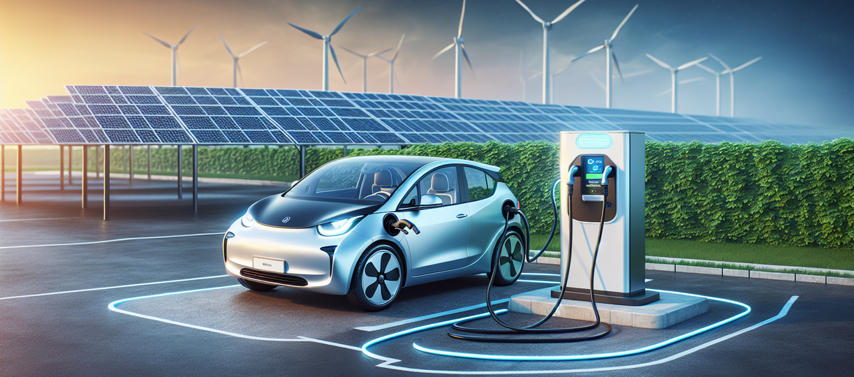 alt_text: An electric vehicle plugged in, illustrating two-way charging and renewable energy integration.