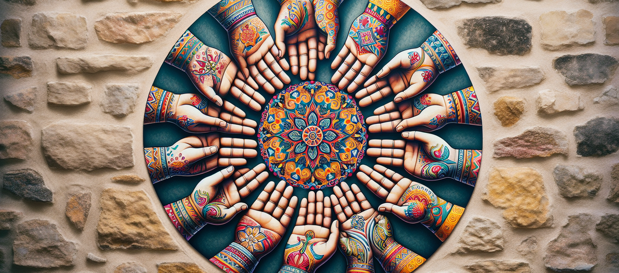 alt_text: Hands forming a circle with vibrant patterns, symbolizing unity and heritage.