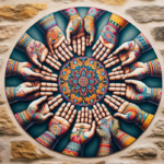 alt_text: Hands forming a circle with vibrant patterns, symbolizing unity and heritage.