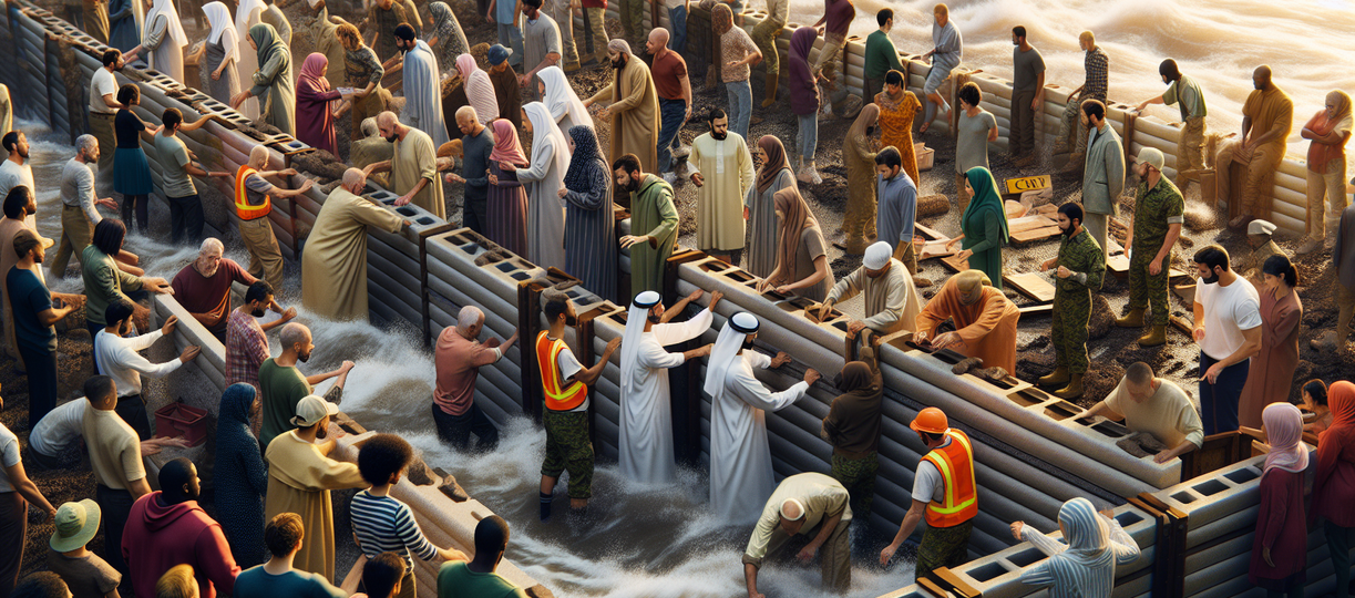 alt_text: Community members build barriers as water levels rise, showcasing resilience and unity.