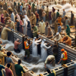 alt_text: Community members build barriers as water levels rise, showcasing resilience and unity.