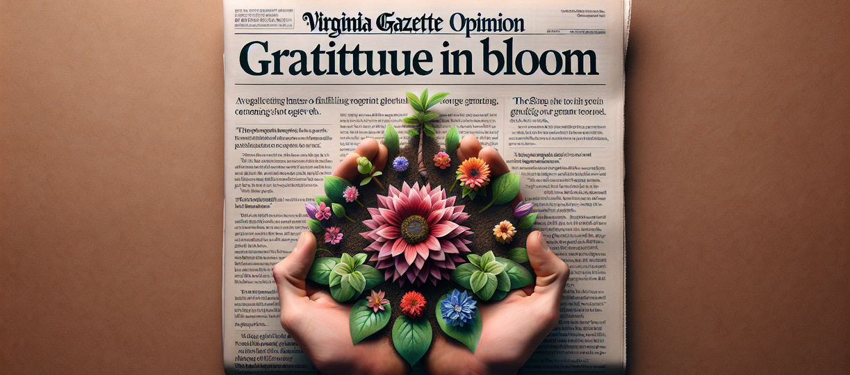 alt_text: A newspaper opinion article titled "Virginia Gazette Opinion: Gratitude in Bloom".