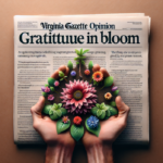 alt_text: A newspaper opinion article titled "Virginia Gazette Opinion: Gratitude in Bloom".