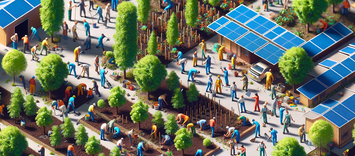 alt_text: "People planting trees and installing solar panels in a community garden."