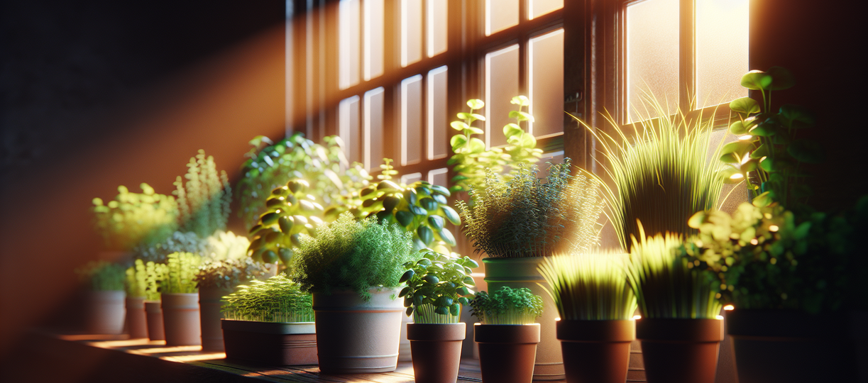 alt_text: Indoor herbs on a windowsill, sunlight streaming in, creating a fresh and vibrant atmosphere.