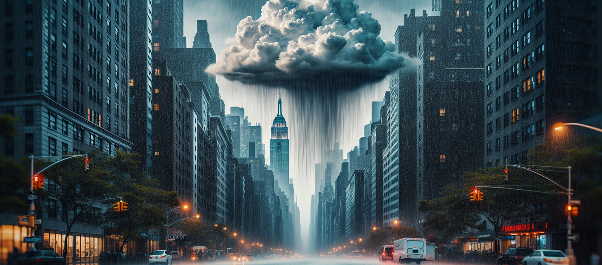 alt_text: "Local news predicts a rainy weekend in NYC; expect showers and possible thunderstorms."